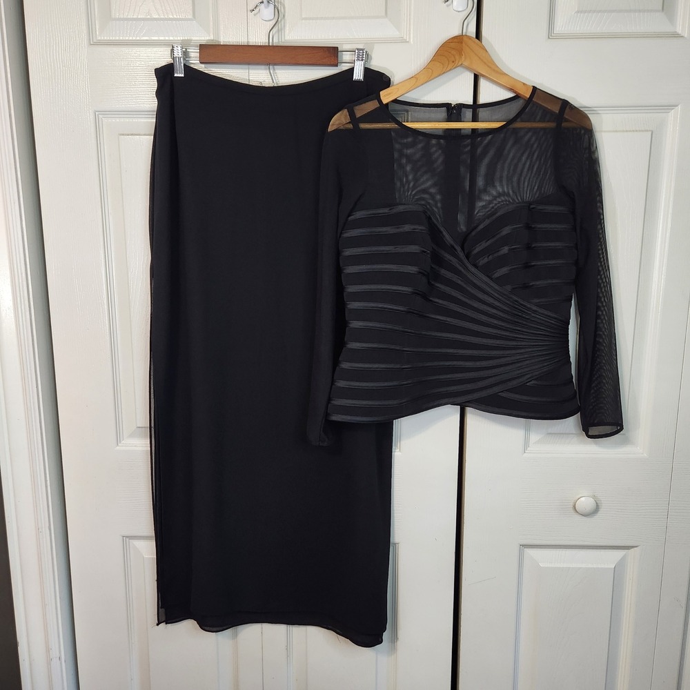JS Collections Black Mesh Pleated Top and Maxi Skirt Set Size 14 Formal Gala